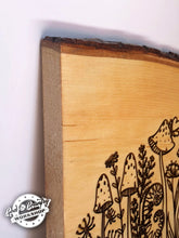 Load image into Gallery viewer, Mushrooms and Fiddleheads on Live Edge Wood Slab - Wall Decor