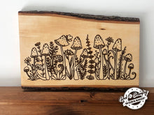 Load image into Gallery viewer, Mushrooms and Fiddleheads on Live Edge Wood Slab - Wall Decor