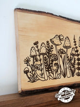 Load image into Gallery viewer, Mushrooms and Fiddleheads on Live Edge Wood Slab - Wall Decor