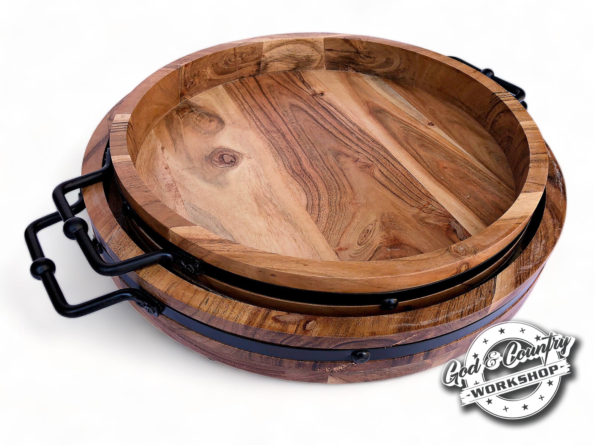 Set of Round Wood Trays with Black Hardware Handles God and Country