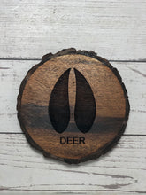 Load image into Gallery viewer, round acacia wood coaster laser engraved with deer track