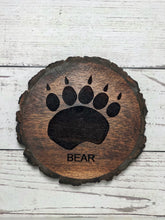 Load image into Gallery viewer, round acacia wood coaster laser engraved with bear track