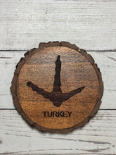 Load image into Gallery viewer, round acacia wood coaster laser engraved with turkeytrack