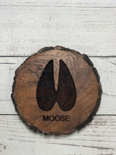 Load image into Gallery viewer, round acacia wood coaster laser engraved with moose track