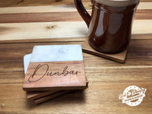 Load image into Gallery viewer, Marble and Acacia Wood Coaster Sets - 4 DIFFERENT DESIGNS TO CHOOSE FROM or CUSTOM