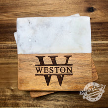 Load image into Gallery viewer, Marble and Acacia Wood Coaster Sets - 4 DIFFERENT DESIGNS TO CHOOSE FROM or CUSTOM