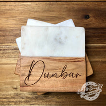 Load image into Gallery viewer, Marble and Acacia Wood Coaster Sets - 4 DIFFERENT DESIGNS TO CHOOSE FROM or CUSTOM