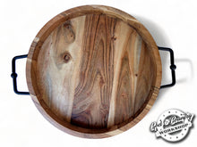 Load image into Gallery viewer, 14 Inch Round Wood Tray with Black Hardware Handles
