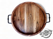 Load image into Gallery viewer, 16 Inch Round Wood Tray with Black Hardware Handles
