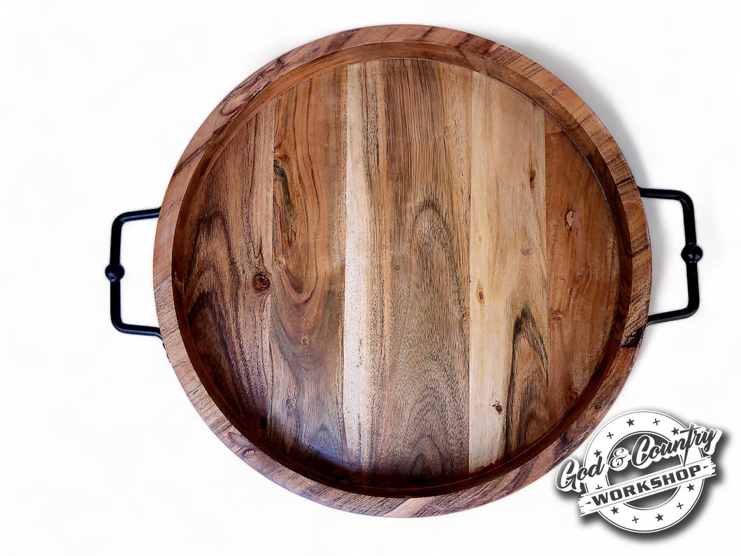 16 Inch Round Wood Tray with Black Hardware Handles