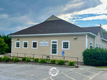 Load image into Gallery viewer, Beige building with &#39;New London Family Dentistry&#39; sign, by God and Country Workshop in New Hampshire, under a blue sky with clouds
