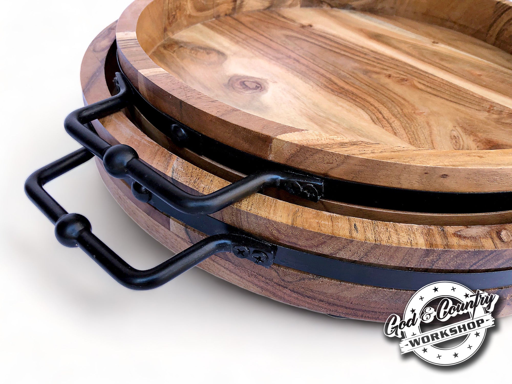 Set of Round Wood Trays with Black Hardware Handles – God & Country ...