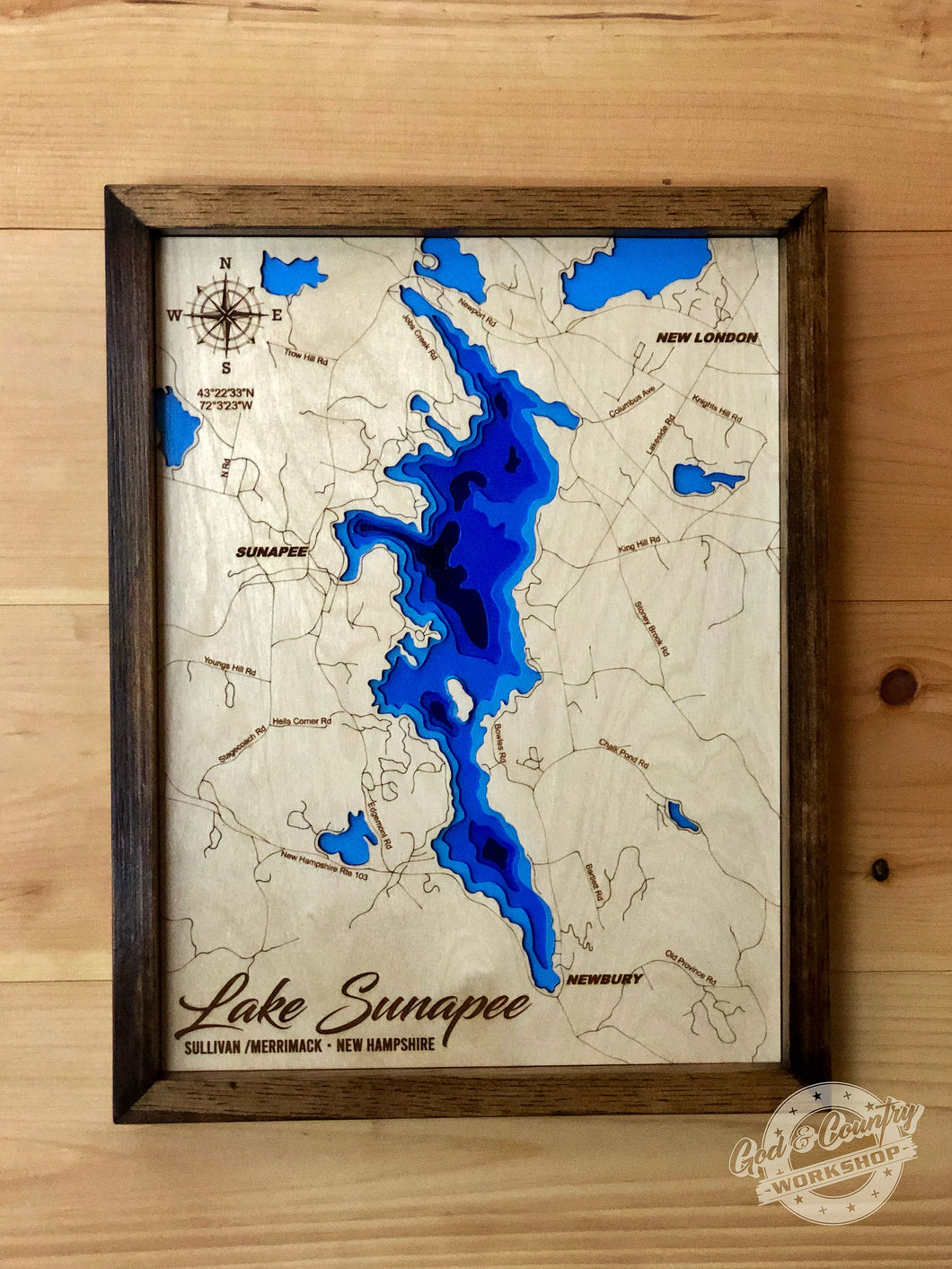 LAKE SUNAPEE BATHYMETRIC LAYERED WOOD MAP