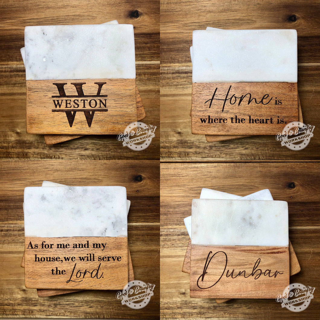 Marble and Acacia Wood Coaster Sets - 4 DIFFERENT DESIGNS TO CHOOSE FROM or CUSTOM