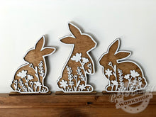 Load image into Gallery viewer, Easter / Spring Floral Wooden Bunnies - Set of 3 - Natural Golden Oak
