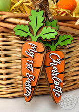 Load image into Gallery viewer, Personalized Easter Basket or Table Place Setting Name/Greeting Carrot Tags
